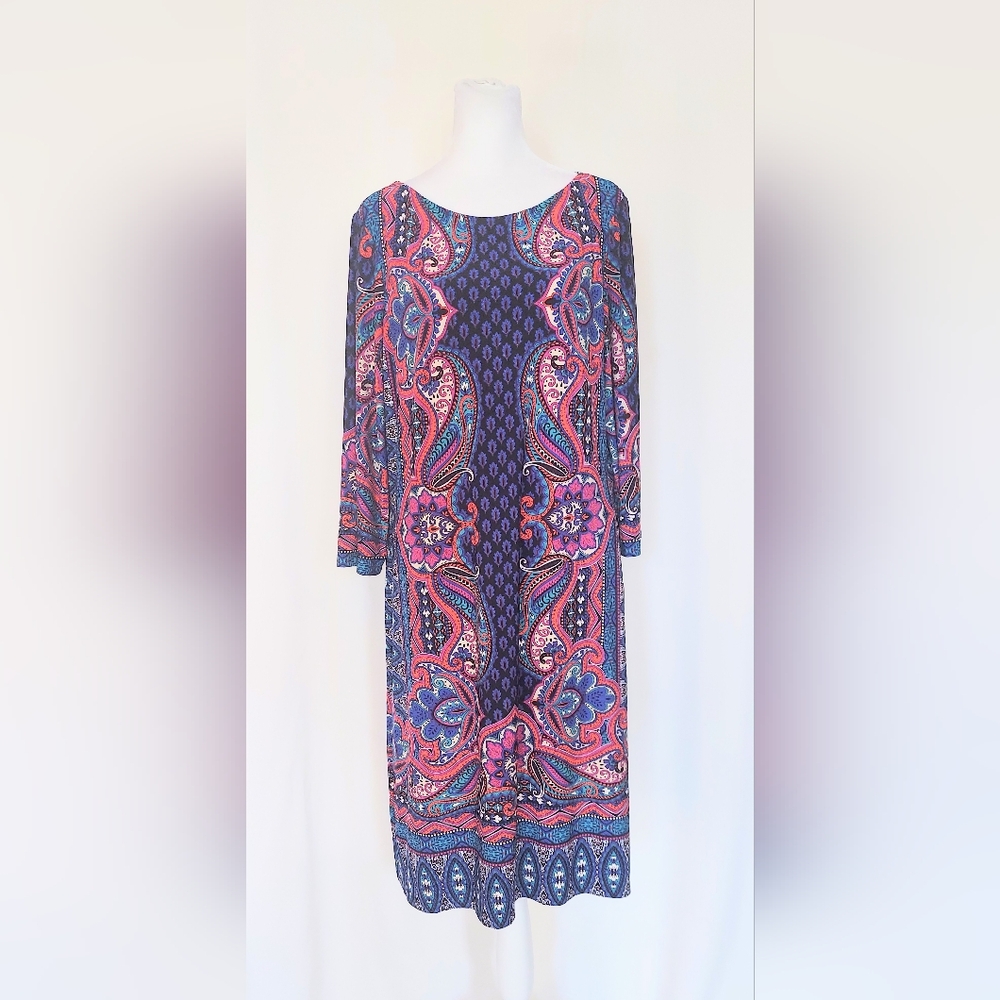 London Times 3/4 Sleeve Paisley Print Shift Dress Blue Pink Size 14 NWT